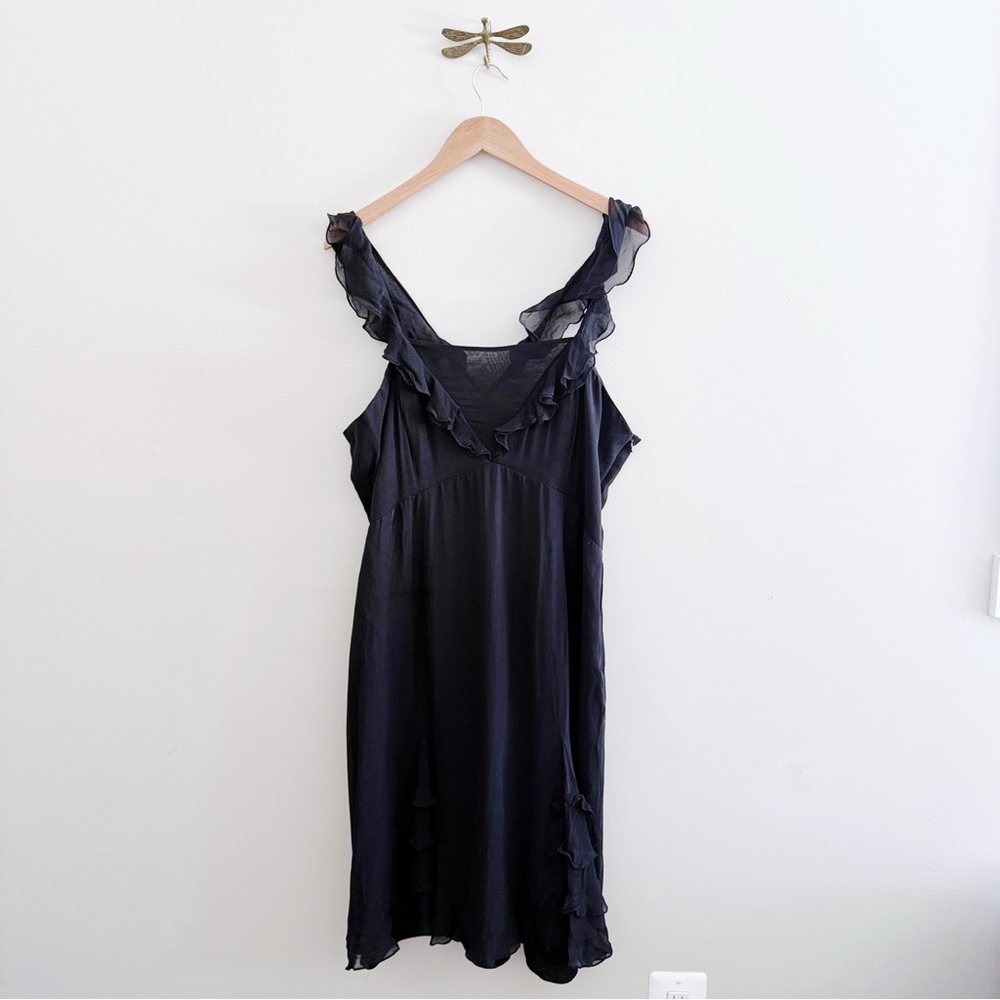 90s Silk Black Ruffled Dress Knee Length Party Dress Large